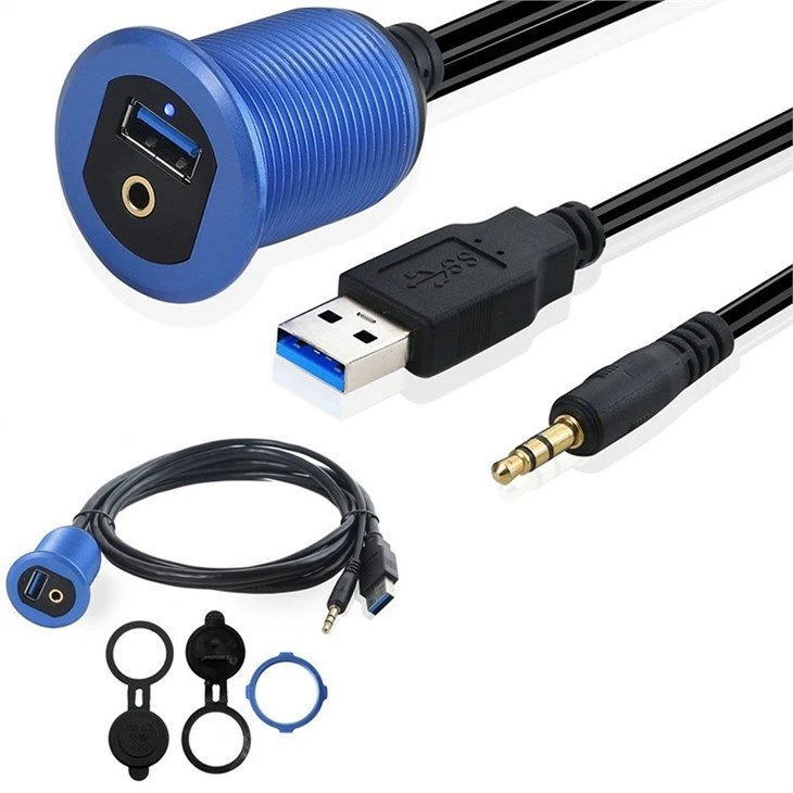 Car Dash Panel Flush Mount USB 3.0 3.5mm stereo LED Cable